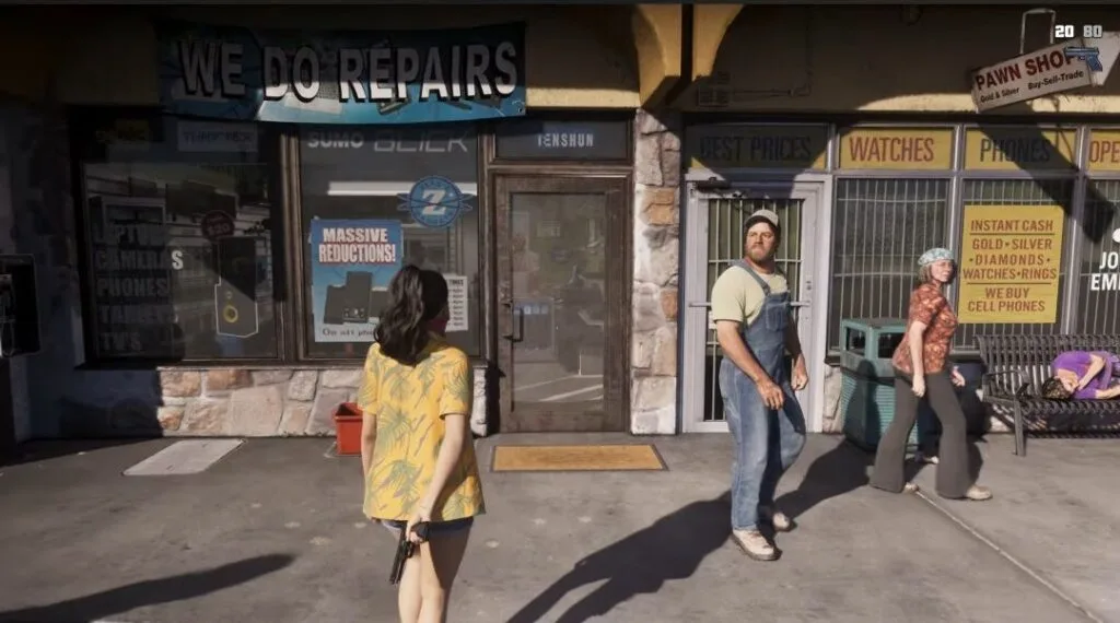 GTA 6 Extended Look Released: Everything Shown in the 27-Minute Video 5 GTA 6 Extended Look gameplay showing Lucia standing outside a repair shop and pawn store in Leonida, holding a handgun with NPCs nearby, open world environment.