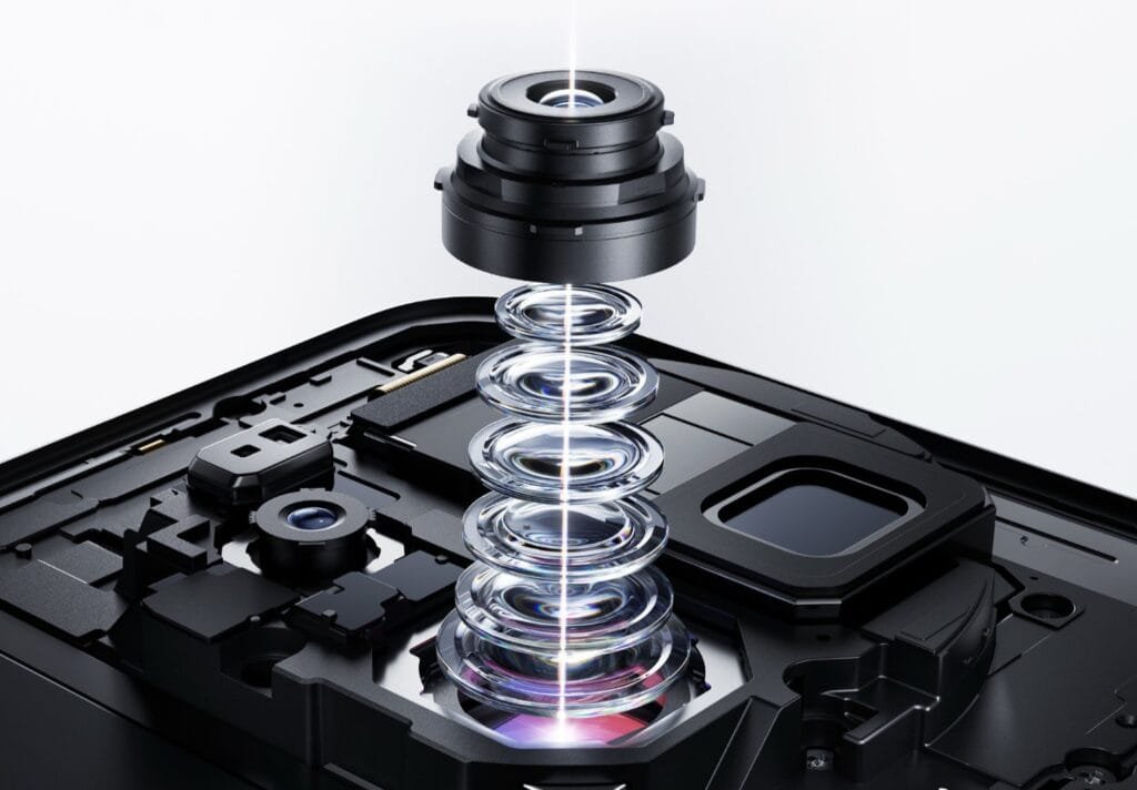 Exploded view of the Vivo X500 series camera module showing stacked Zeiss optical lenses above the image sensor, with light passing through the assembly and internal phone components visible.