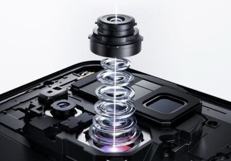 Vivo X500 Series Confirmed for September Launch With Cinema Grade Video and 17EV Dynamic Range Exploded view of the Vivo X500 series camera module showing stacked Zeiss optical lenses above the image sensor, with light passing through the assembly and internal phone components visible.