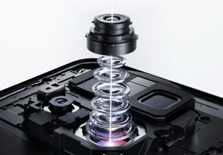 Exploded view of the Vivo X500 series camera module showing stacked Zeiss optical lenses above the image sensor, with light passing through the assembly and internal phone components visible.