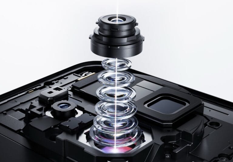 Exploded view of the Vivo X500 series camera module showing stacked Zeiss optical lenses above the image sensor, with light passing through the assembly and internal phone components visible.