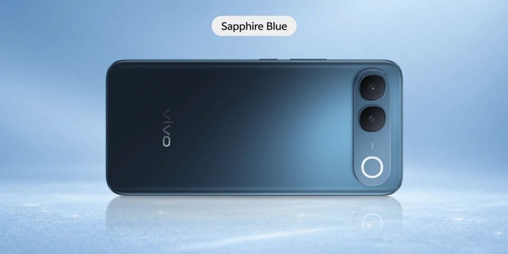 Vivo S2 smartphone viewed from the rear in the Sapphire Blue finish, showing the vertical dual-camera module on the upper right, circular accent ring, and centered vivo logo against a soft blue background.