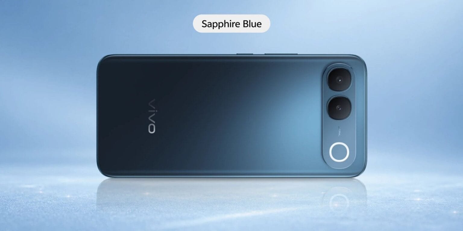 Vivo S2 smartphone viewed from the rear in the Sapphire Blue finish, showing the vertical dual-camera module on the upper right, circular accent ring, and centered vivo logo against a soft blue background.