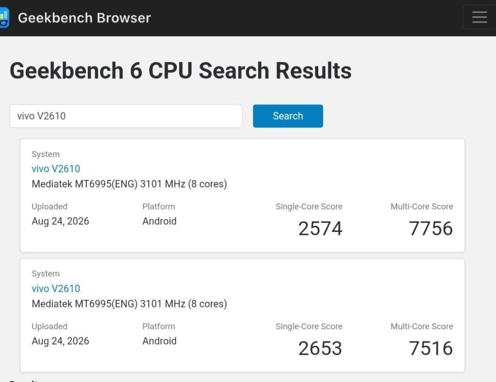 Vivo X500 Pro Max Spotted on Geekbench with 2nm Dimensity 9600 Pro Chip 1 Geekbench 6 results for Vivo X500 Pro Max model V2610 showing MediaTek Dimensity 9600 Pro with single-core scores of 2574 and 2653, and multi-core scores of 7756 and 7516