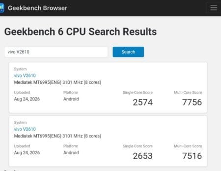 Geekbench 6 results for Vivo X500 Pro Max model V2610 showing MediaTek Dimensity 9600 Pro with single-core scores of 2574 and 2653, and multi-core scores of 7756 and 7516
