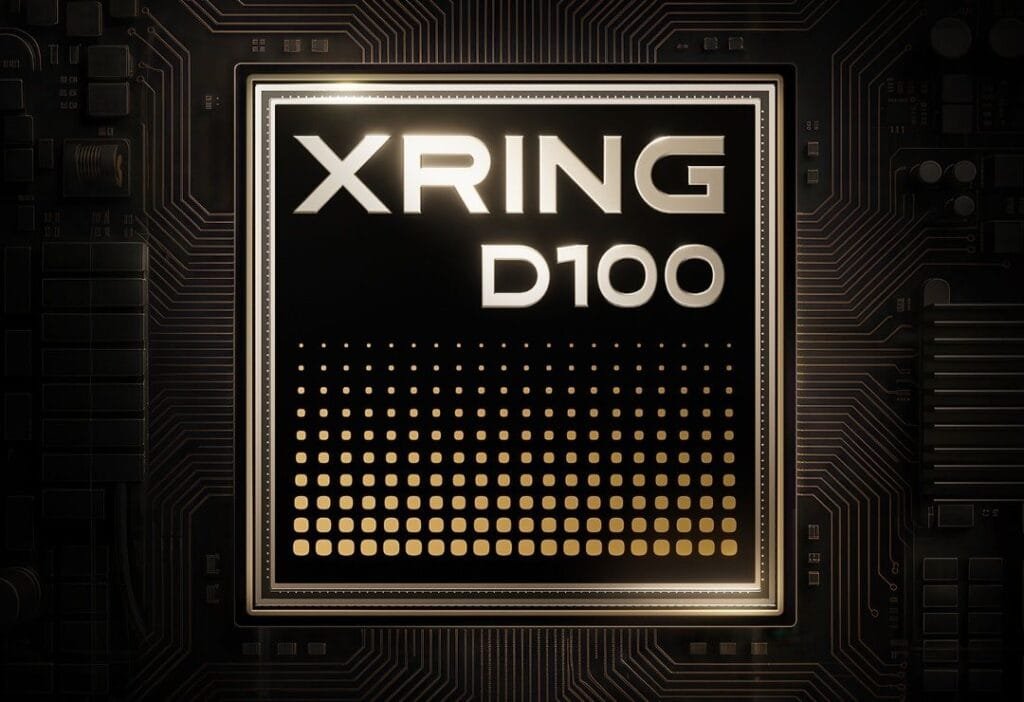 Xiaomi Xring O3, O100, D100 Announced, First Devices Launch September 2026 5 Close up of the Xring D100 chip. It features XRING D100 branding with gold gradient dots. Golden circuit board patterns frame the chip on a dark background.