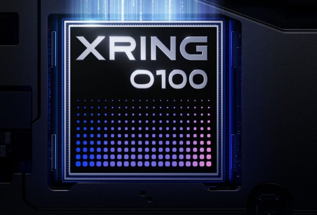 Xiaomi Xring O3, O100, D100 Announced, First Devices Launch September 2026 4 Close up of the Xring O100 chip. It shows XRING O100 branding with blue to purple gradient dots. The chip sits inside a housing with glowing blue light above.