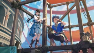 Fire Emblem Fortune's Weave art showing Cai and a female character at the Heroic Games arena in the Dagdan Empire