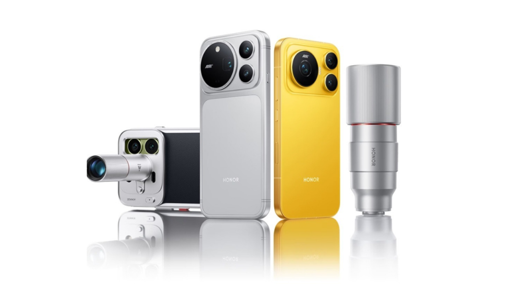 Honor Magic 9 Launched in China With Dual 200MP Cameras and 8,000mAh Battery Honor Magic 9 in silver and yellow alongside the G200 telephoto converter and triple LED array zoom flash