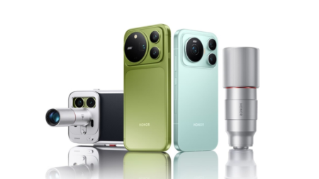 Honor Magic 9 Pro Max in Moss Green and light blue alongside G200 telephoto converter and external lens accessory