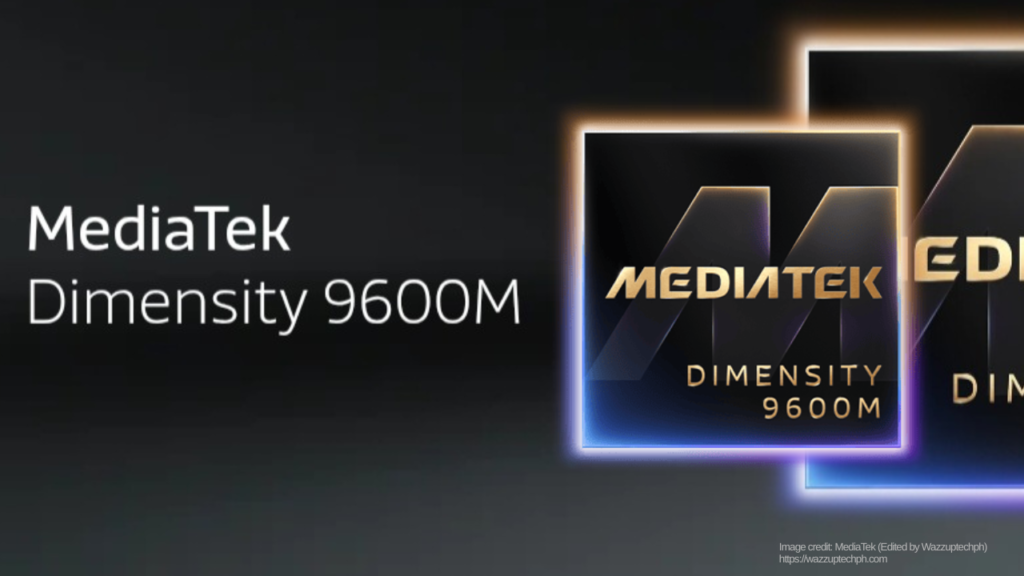 MediaTek Dimensity 9600M official promotional graphic. Brand name and chipset title on dark gradient background. Two glowing gold and blue chip badges displayed. Image credit MediaTek edited by Wazzuptechph.