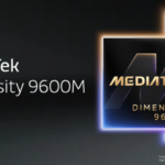 MediaTek Dimensity 9600M official promotional graphic. Brand name and chipset title on dark gradient background. Two glowing gold and blue chip badges displayed. Image credit MediaTek edited by Wazzuptechph.