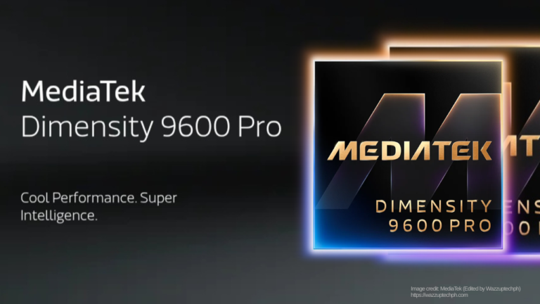 MediaTek Dimensity 9600 Pro official promotional graphic. Text reads Cool Performance. Super Intelligence. Chip badge with glowing gold and blue gradient on dark background. Image credit MediaTek edited by Wazzuptechph.