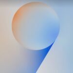 One UI 9 official graphic. Large gradient number 9 shape in warm orange transitioning to soft blue. Minimalist design on light neutral background. Samsung One UI 9 branding visual.