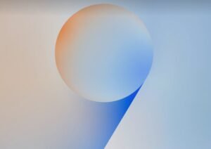One UI 9 official graphic. Large gradient number 9 shape in warm orange transitioning to soft blue. Minimalist design on light neutral background. Samsung One UI 9 branding visual.