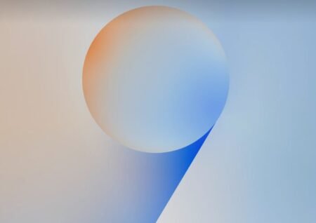 One UI 9 official graphic. Large gradient number 9 shape in warm orange transitioning to soft blue. Minimalist design on light neutral background. Samsung One UI 9 branding visual.
