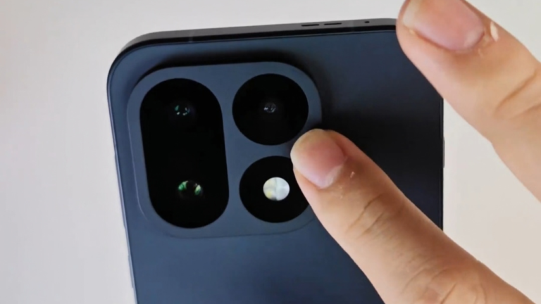OnePlus 16 close up view of rear camera module with triple lens setup and flash in dark finish