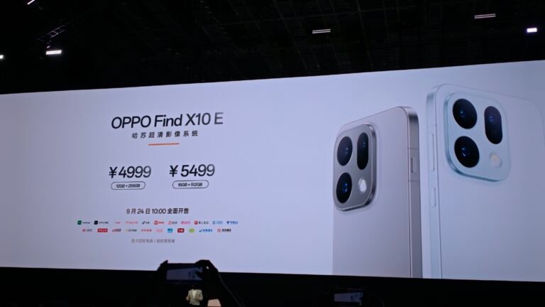 Oppo Find X10 E Launched in China with Dimensity 9500s, Triple 50MP Cameras, and 7,025mAh Battery Oppo Find X10E launch event screen showing pricing CNY 4999 and CNY 5499, sale starts September 24 at 10:00, silver and white color designs displayed