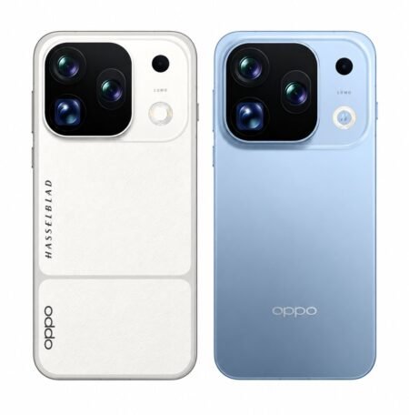 Oppo Find X10 Pro Max shown in two color options. White version with Hasselblad branding and textured rear panel, and blue version with smooth finish. Both feature square camera module with three lenses and circular flash element against black background.