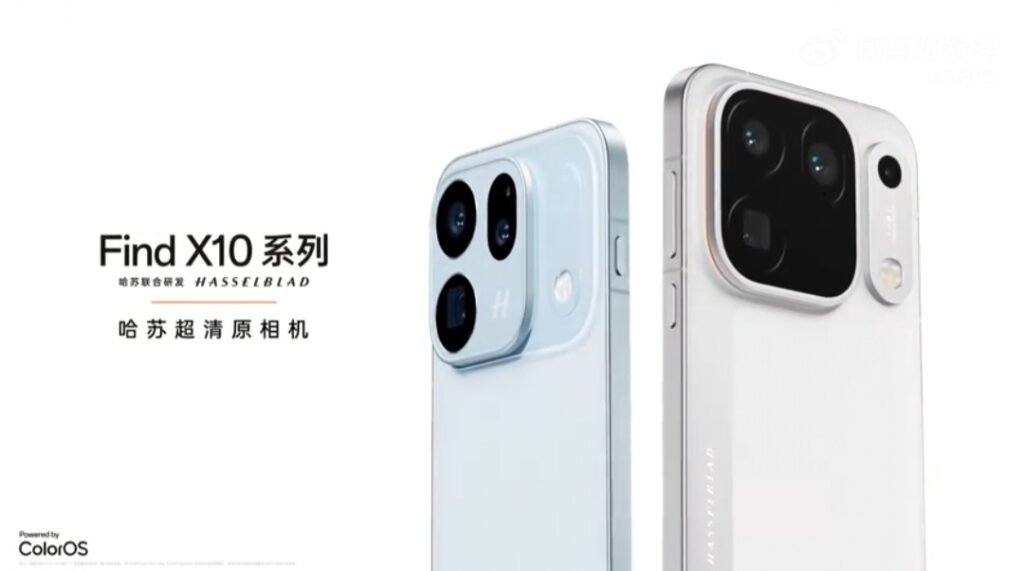 Oppo Just Announced the Find X10 Series Launch Date and Here Are the Details Two Oppo Find X10 series phones side by side. Left phone in light blue with Hasselblad H logo. Right phone in white with textured back panel. Text reads Find X10 series, Hasselblad, Hasselblad ultra clear original camera. Powered by ColorOS. Screenshot by Wazzuptechph from official teaser video.