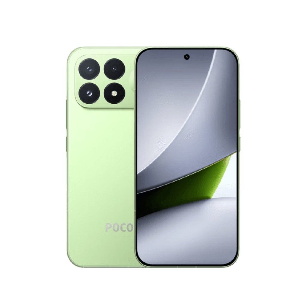 POCO F9 Pro in Aurora Green color, displayed from back and front views. Square camera module with four circular cutouts, centered punch-hole display, and POCO logo on the rear panel against black background.