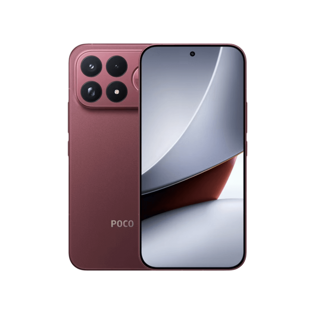 POCO F9 Ultra in Dark Cherry color, shown from back and front views. Square camera module with four lenses, centered punch-hole display, and POCO logo on rear panel against black background.