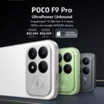Official POCO F9 Pro launch poster displaying White, Aurora Green, and Gray color options, camera design, key specs including Snapdragon 8 Elite Gen 5 V Series and 185Hz display, pricing starting at PHP 33,999, and free Redmi Buds 8 Active.