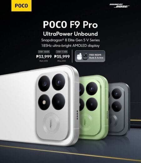 Official POCO F9 Pro launch poster displaying White, Aurora Green, and Gray color options, camera design, key specs including Snapdragon 8 Elite Gen 5 V Series and 185Hz display, pricing starting at PHP 33,999, and free Redmi Buds 8 Active.
