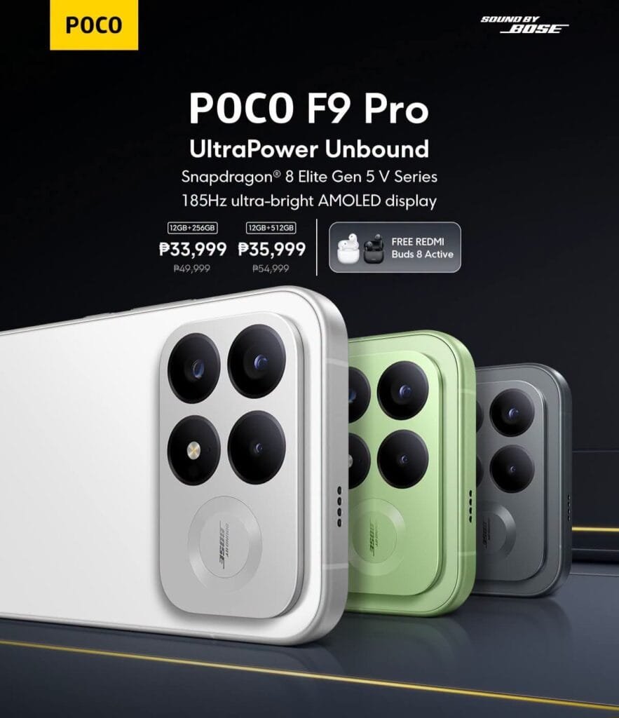Poco F9 Pro Launched in the Philippines, Starts at PHP 33,999 Official POCO F9 Pro launch poster displaying White, Aurora Green, and Gray color options, camera design, key specs including Snapdragon 8 Elite Gen 5 V Series and 185Hz display, pricing starting at PHP 33,999, and free Redmi Buds 8 Active.
