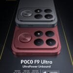 Official POCO F9 Ultra launch poster showing Black and Dark Cherry colorways, square camera module with four lenses and 3500mAh cooling logo, price list starting at PHP 45,999, and free Redmi Buds 8 Active offer.