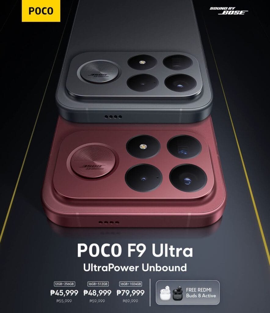 Official POCO F9 Ultra launch poster showing Black and Dark Cherry colorways, square camera module with four lenses and 3500mAh cooling logo, price list starting at PHP 45,999, and free Redmi Buds 8 Active offer.