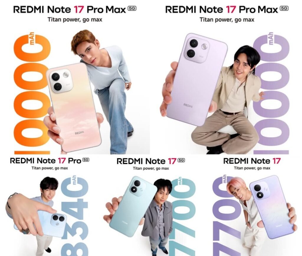Xiaomi Redmi Note 17 Series Brings Bigger Batteries to the Philippines Xiaomi Redmi Note 17 series official promotional poster. Redmi Note 17 Pro Max 5G with 10,000mAh, Pro 5G with 8,340mAh, Note 17 5G and Note 17 with 7,700mAh. SB19 members holding each device. Tagline Titan power, go max. White background. Philippine launch.
