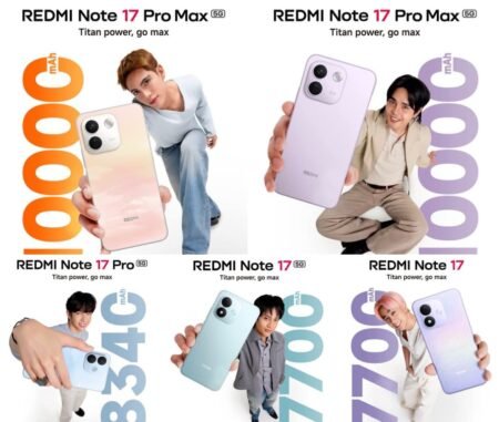 Xiaomi Redmi Note 17 series official promotional poster. Redmi Note 17 Pro Max 5G with 10,000mAh, Pro 5G with 8,340mAh, Note 17 5G and Note 17 with 7,700mAh. SB19 members holding each device. Tagline Titan power, go max. White background. Philippine launch.