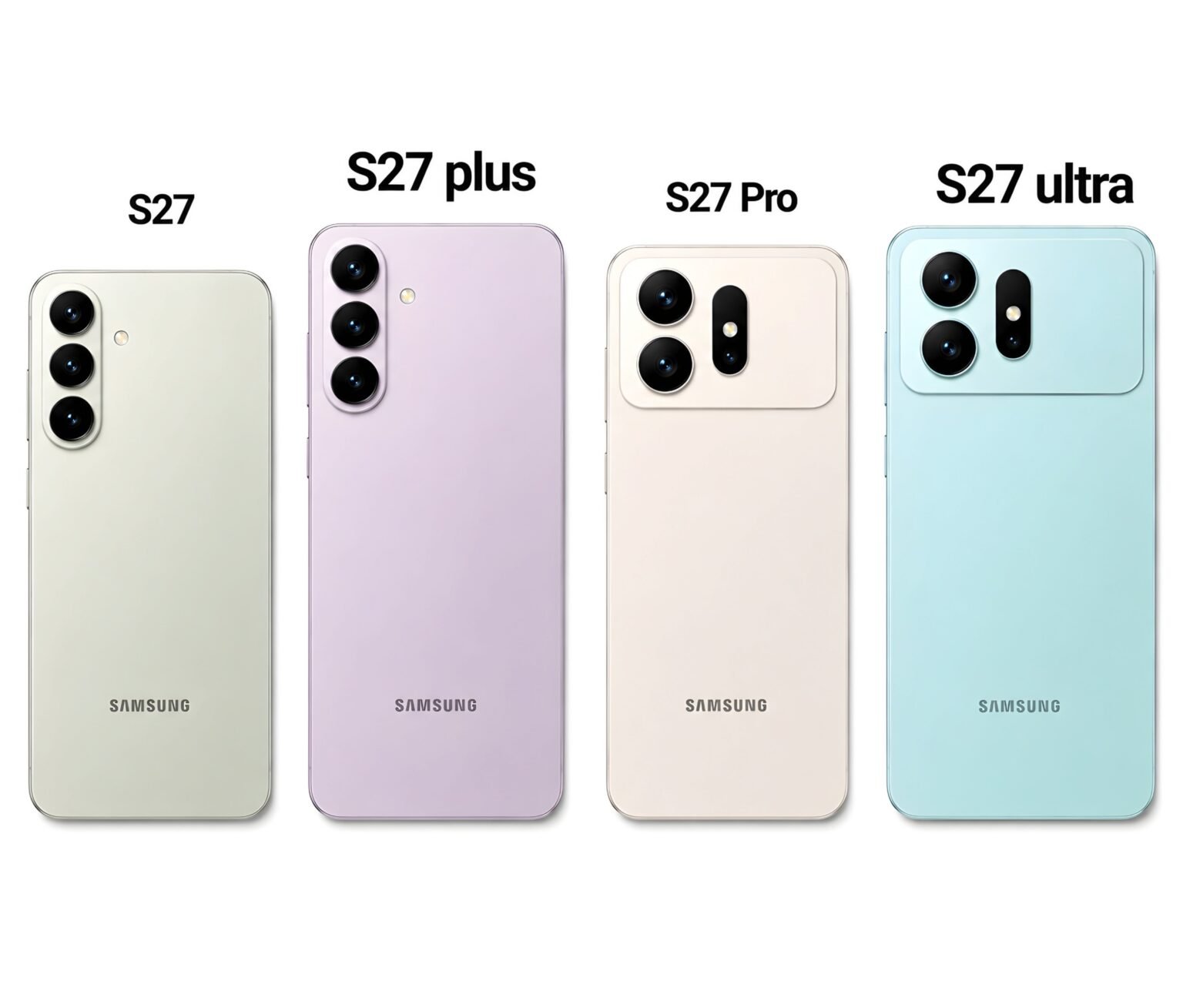 Samsung Galaxy S27 First Major Test for New Exynos 2700 Samsung Galaxy S27 series lineup shown from back view: S27 in light cream, S27 Plus in lavender, S27 Pro in ivory, S27 Ultra in light blue. Distinct camera modules: vertical triple lens for S27 and S27 Plus, square raised block for S27 Pro and S27 Ultra. Samsung logo centered on each rear panel.