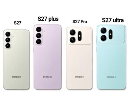 Samsung Galaxy S27 First Major Test for New Exynos 2700 Samsung Galaxy S27 series lineup shown from back view: S27 in light cream, S27 Plus in lavender, S27 Pro in ivory, S27 Ultra in light blue. Distinct camera modules: vertical triple lens for S27 and S27 Plus, square raised block for S27 Pro and S27 Ultra. Samsung logo centered on each rear panel.