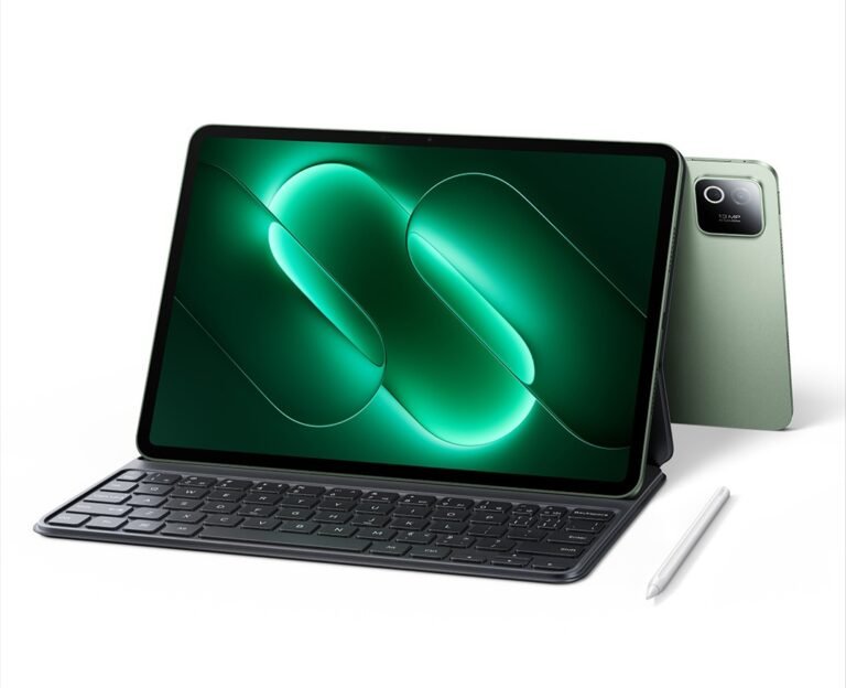 Xiaomi Pad 9 tablet shown with attached magnetic keyboard and stylus beside it. Spruce Green back panel visible with square camera module. Screen displays glowing green abstract design. White background. Official product image.