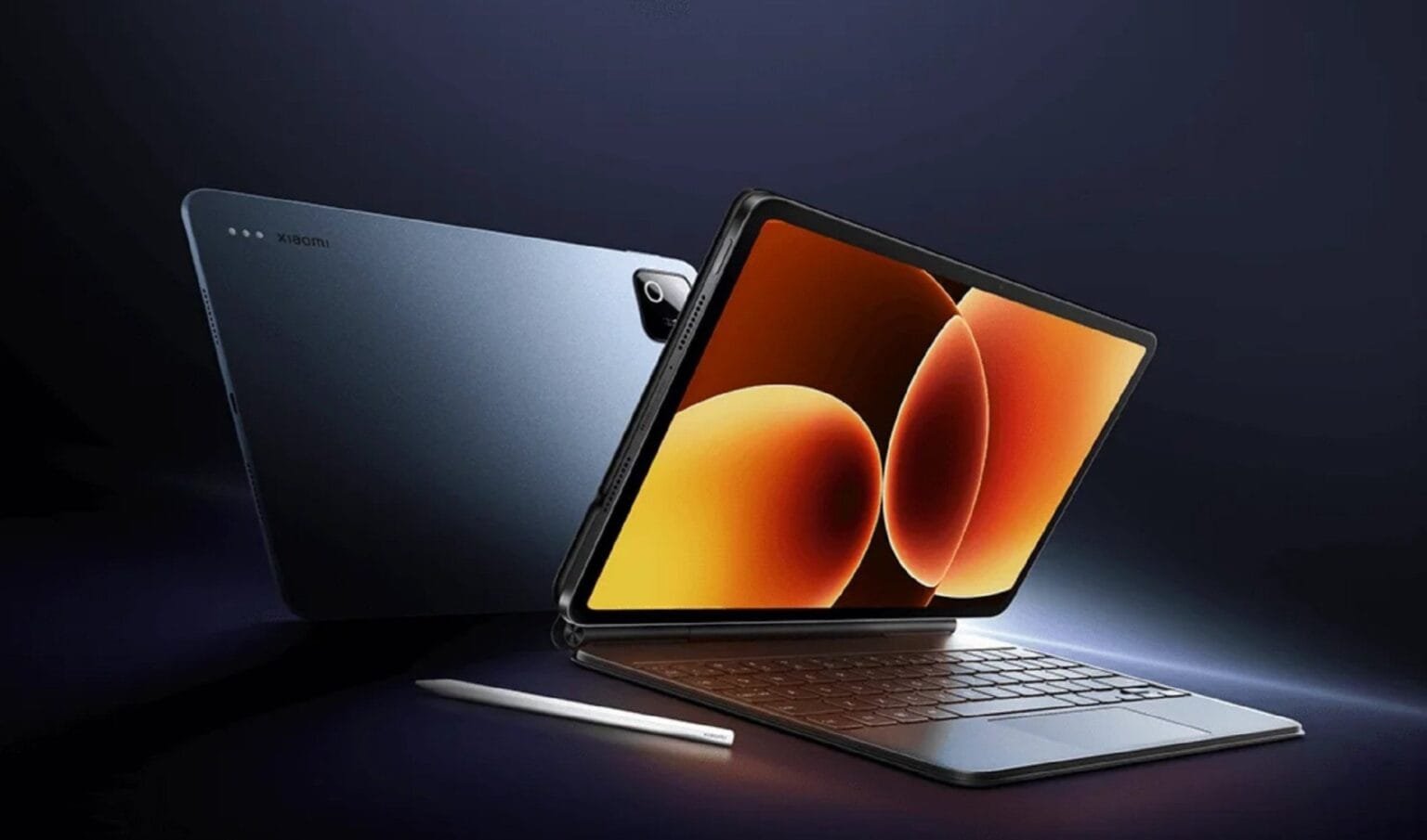 Official render of Xiaomi Pad 9 Pro Max in slate blue finish, shown from front and back views with keyboard case and stylus, displaying vibrant orange and gold wallpaper on screen.