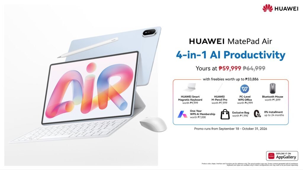 Huawei MatePad Air official promotional poster. 4-in-1 AI productivity. Price PHP 59,999 down from PHP 64,999. Freebies include Smart Magnetic Keyboard, M-Pencil Pro, WPS Office, Bluetooth Mouse, WPS AI membership, and bag. Promo September 18 to October 31 2026. White background.
