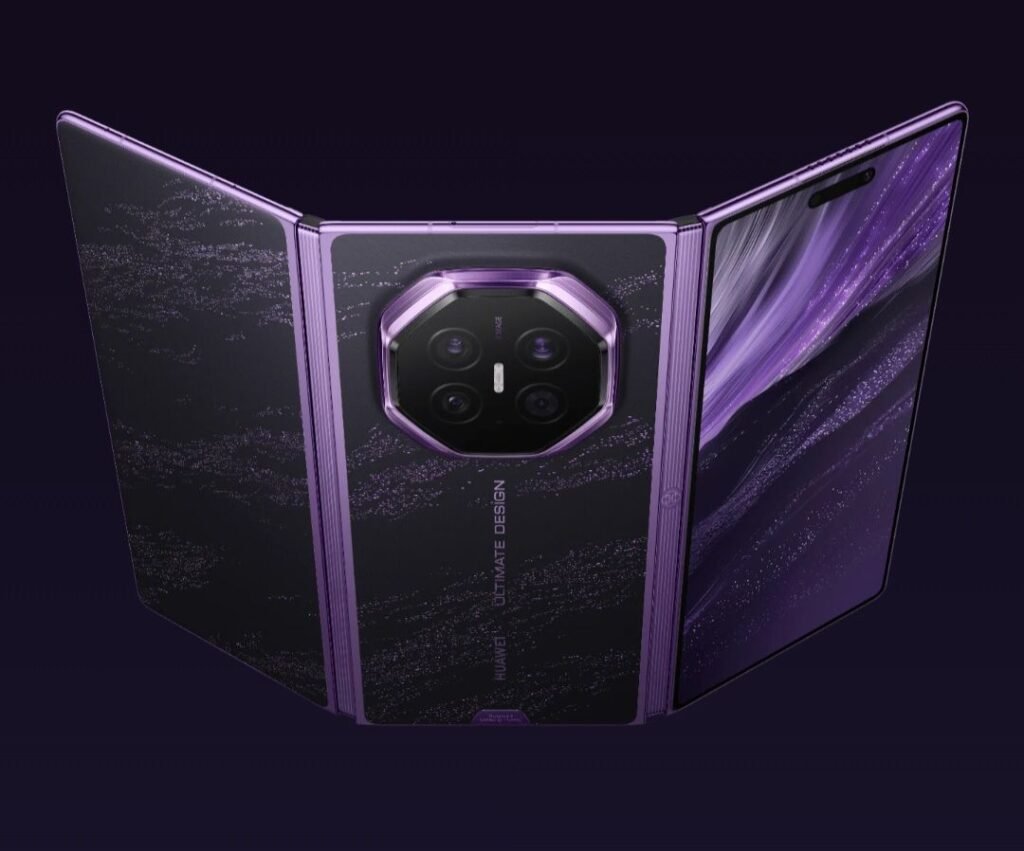Huawei Mate XT 2 Ultimate Design tri-fold smartphone fully unfolded. Black rear panel with sparkling purple wave pattern, purple metallic trim, and octagonal camera module with four lenses. Purple inner display with matching abstract wallpaper. HUAWEI and ULTIMATE DESIGN branding in purple lettering. Dark purple background.