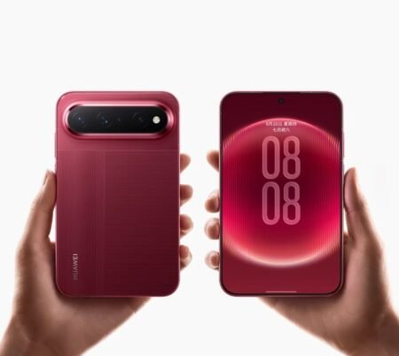 Huawei Pura X View in rich red color shown from back and front. Rear features textured two-tone finish, horizontal camera module with four lenses, and vertical Huawei branding. Front displays 6.39-inch OLED screen with red gradient wallpaper and large 08:08 time display. Held in hands against plain white background.