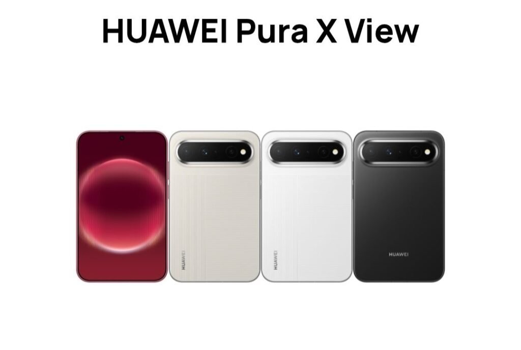 Huawei Pura X View lineup showing all four colors. Left to right: Shadow Red front view, Linen Gray rear view, Zero Degree White rear view, Phantom Black rear view. Bold HUAWEI Pura X View title at top. Clean white background.