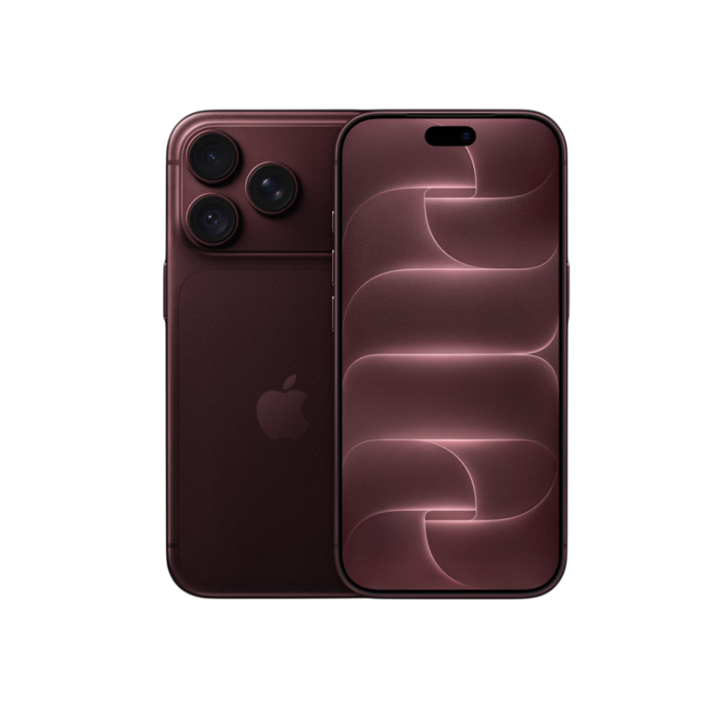iPhone 18 Pro in new Burgundy finish. Front view showing display with Dynamic Island and soft glowing wave wallpaper. Rear view showing triple camera module and Apple logo. Both front and back positioned side by side against pure black background.