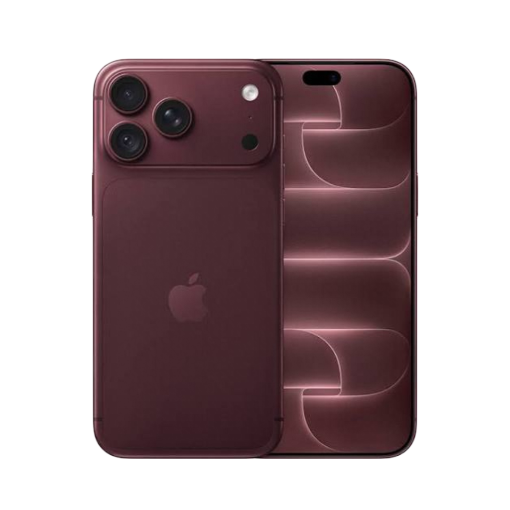 iPhone 18 Pro Max in Burgundy color shown from back and front. Triple-lens camera module on the rear, Apple logo centered, glowing curved light pattern on the display. Black background. Official render. For Philippine market coverage.
