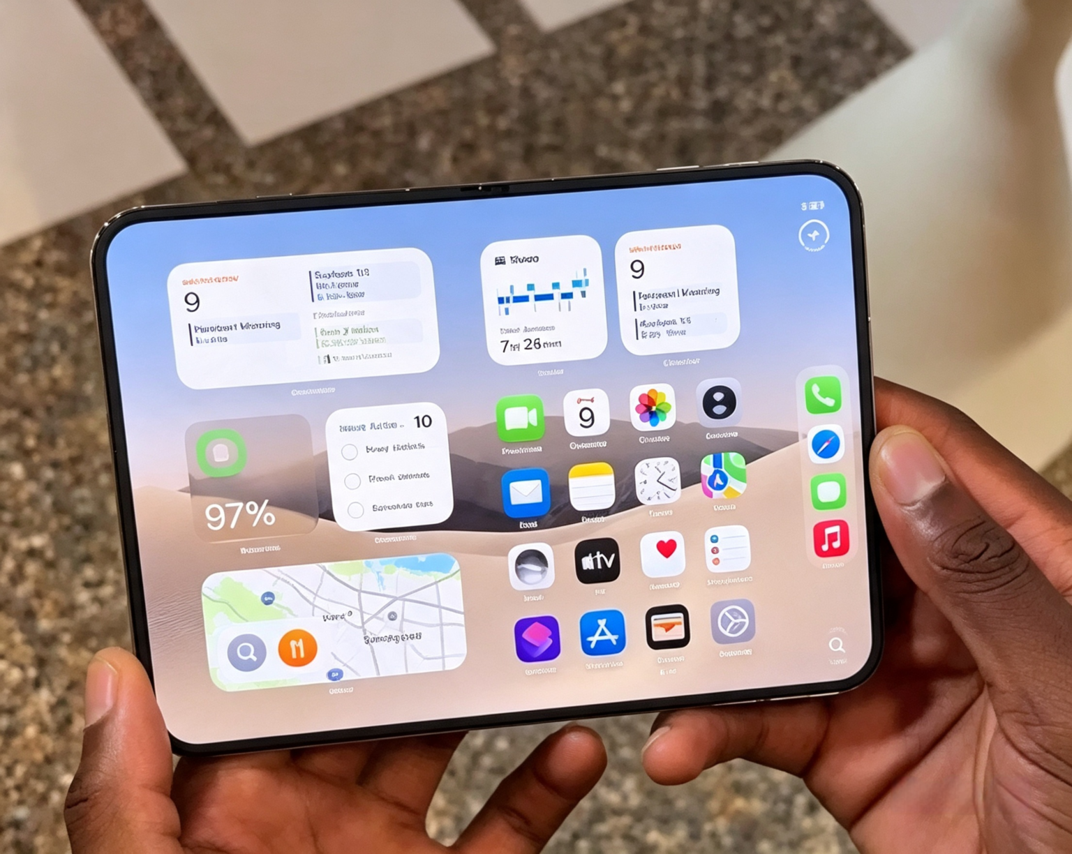 iPhone Duo foldable smartphone held open showing large inner display with iOS home screen widgets and app icons, crisp detailed official look