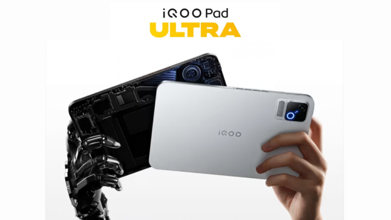 iQOO Pad Ultra official promo image showing white back view alongside internal design render held by robotic hand and human hand