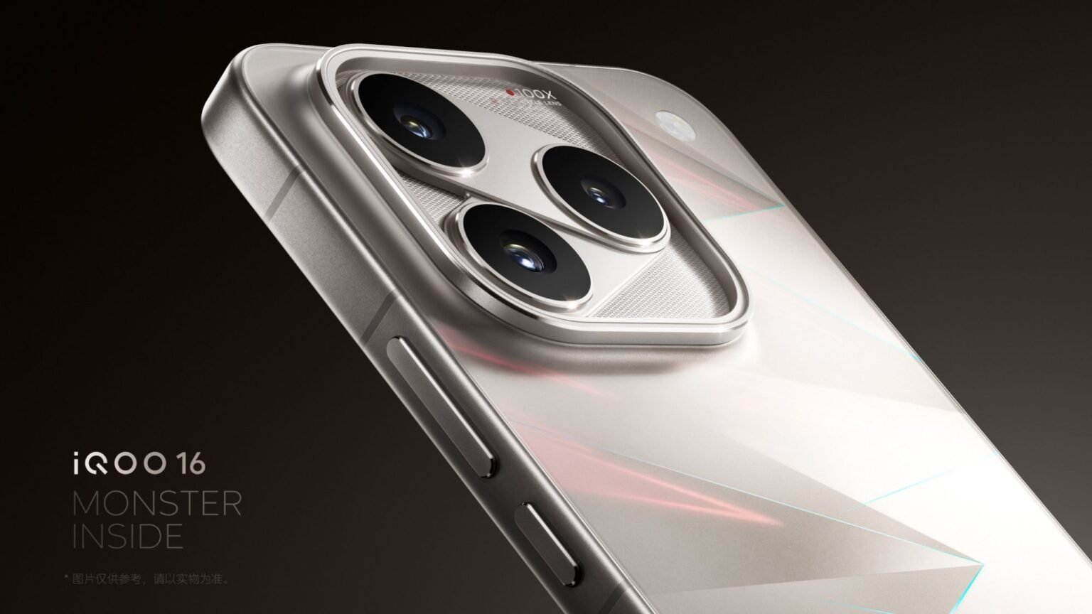 iQOO 16 Promotional Images Just Released and Here Is What They Show Rear Camera Design iQOO 16 official promotional image triangular triple camera module metallic silver finish MONSTER INSIDE tag