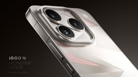 Rear Camera Design iQOO 16 official promotional image triangular triple camera module metallic silver finish MONSTER INSIDE tag