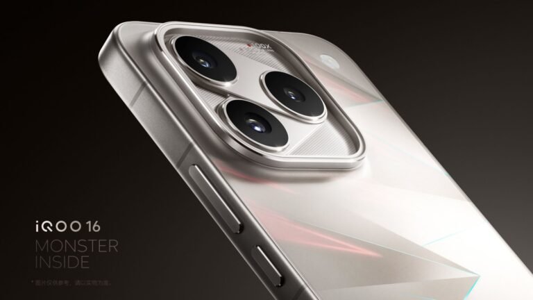 iQOO 16 Promotional Images Just Released and Here Is What They Show Rear Camera Design iQOO 16 official promotional image triangular triple camera module metallic silver finish MONSTER INSIDE tag