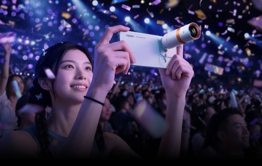 Woman holding Oppo Find X10 with Hasselblad telephoto lens accessory, capturing moment at concert with crowd and confetti in background