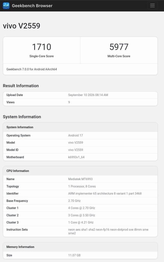 Geekbench listing for the vivo X Fold6 global model V2559, showing 1,710 single-core and 5,977 multi-core scores, MediaTek MT6993 processor, Android 17, and 11.07GB of memory.